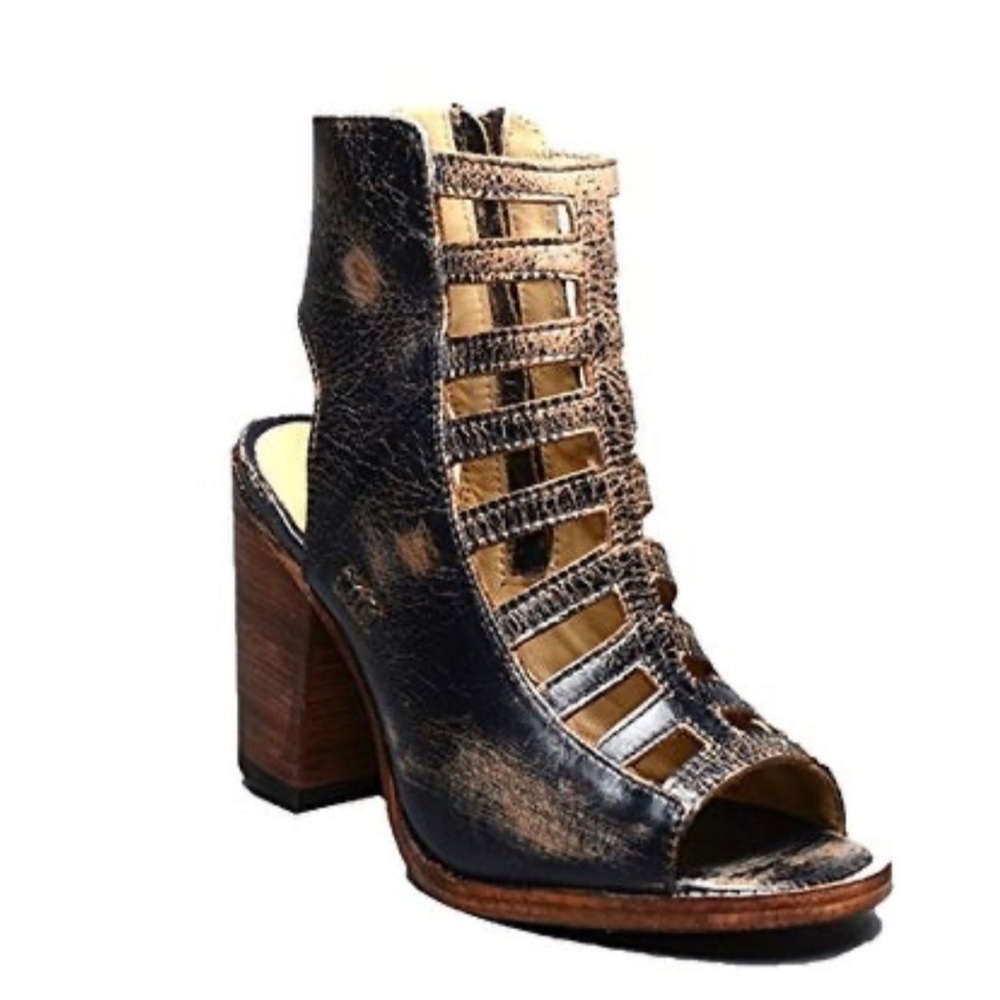 Bedstu black stacked heel caged sandal